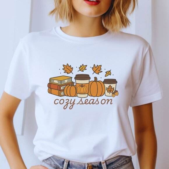 Cozy Season Graphic Tee Books Pumpkins Fall Items T-Shirt - Picture 1 of 4